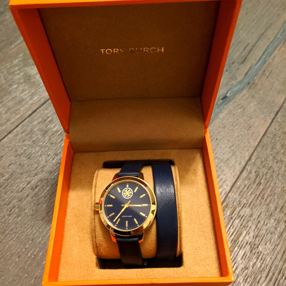 Navy blue leather wrap Tory Burch watch
